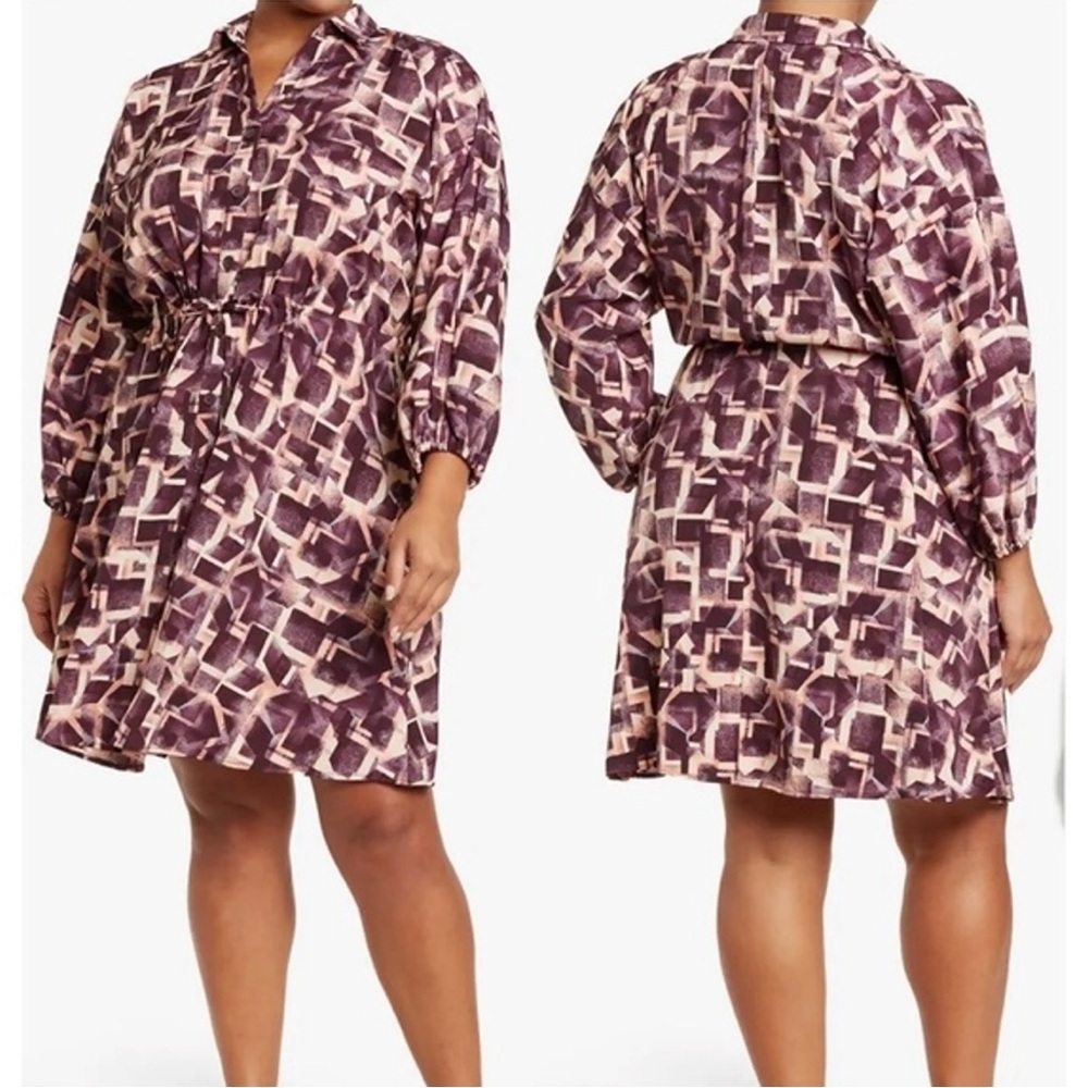 New London times wine/ivory button drawstring button down shirt dress